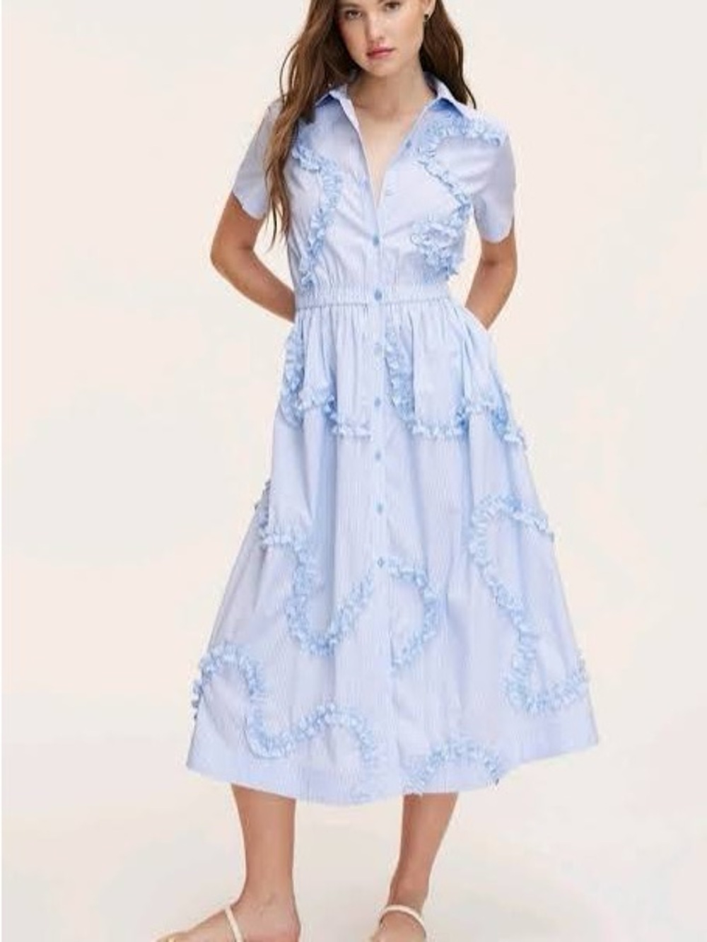 Kate Spade Light Blue Striped Midi Dress with Ruffled Applique